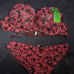 Women’s Bra and Panty Set – Brown & Red Abstract Pattern, Size 44/100, XL